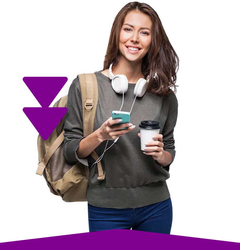 Young woman using her phone to get a loan with MyFastAdvance.com