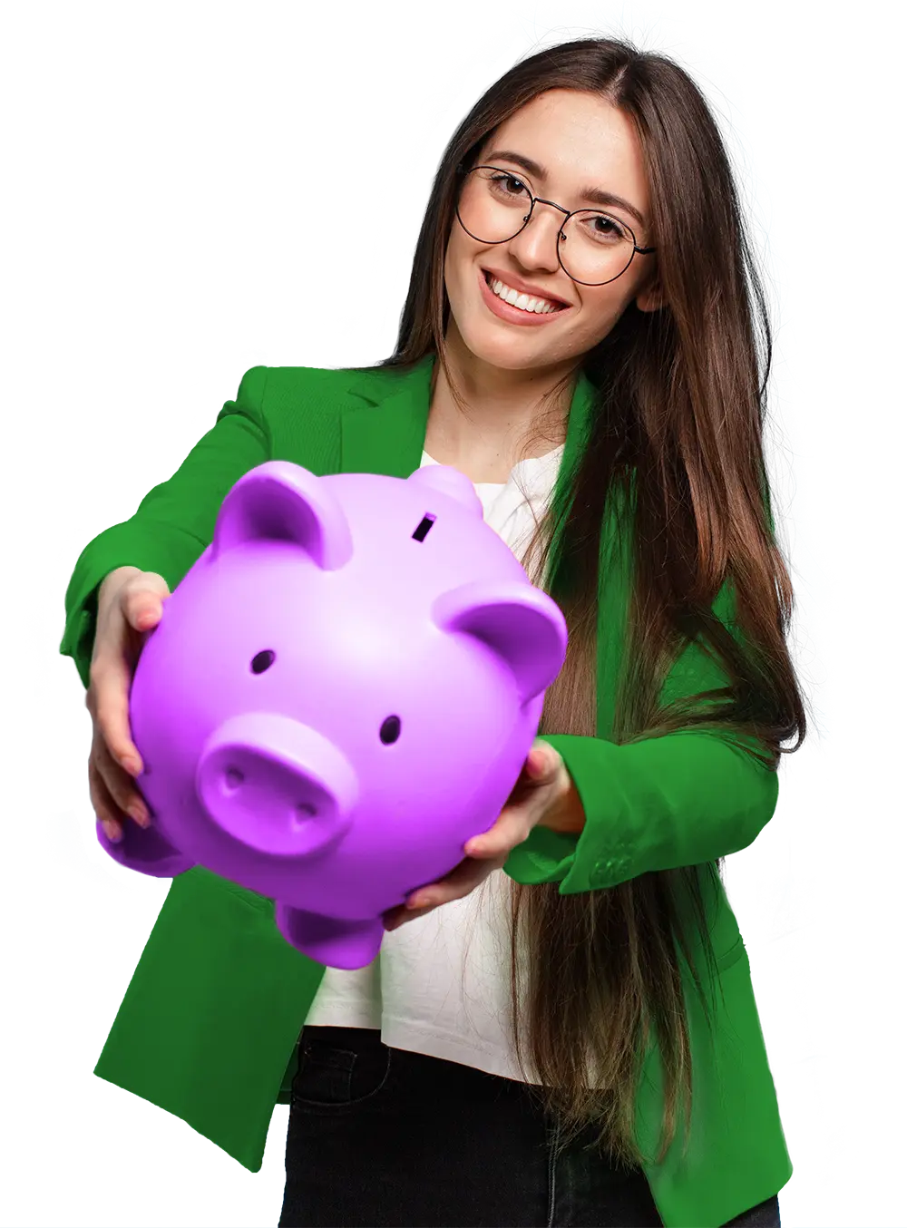 Young woman holding her piggy bank.